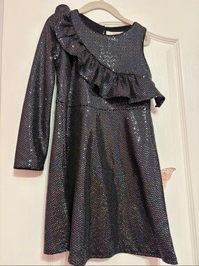Zara Girls' Black Holographic Ruffle Holiday Dress